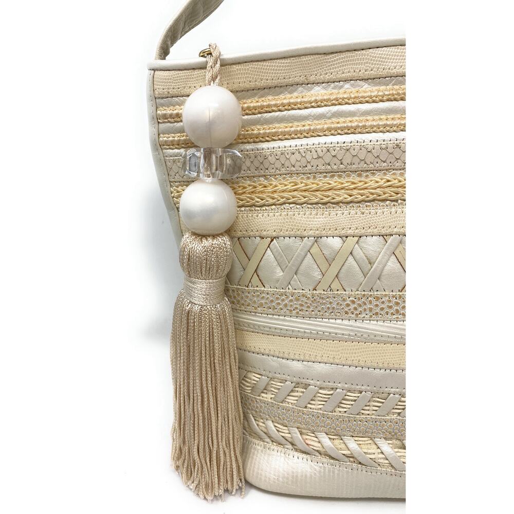 Sharif Shoulder Bag Beige Leather Crossbody Strap Pearlized Tassel Zipper - Picture 2 of 8